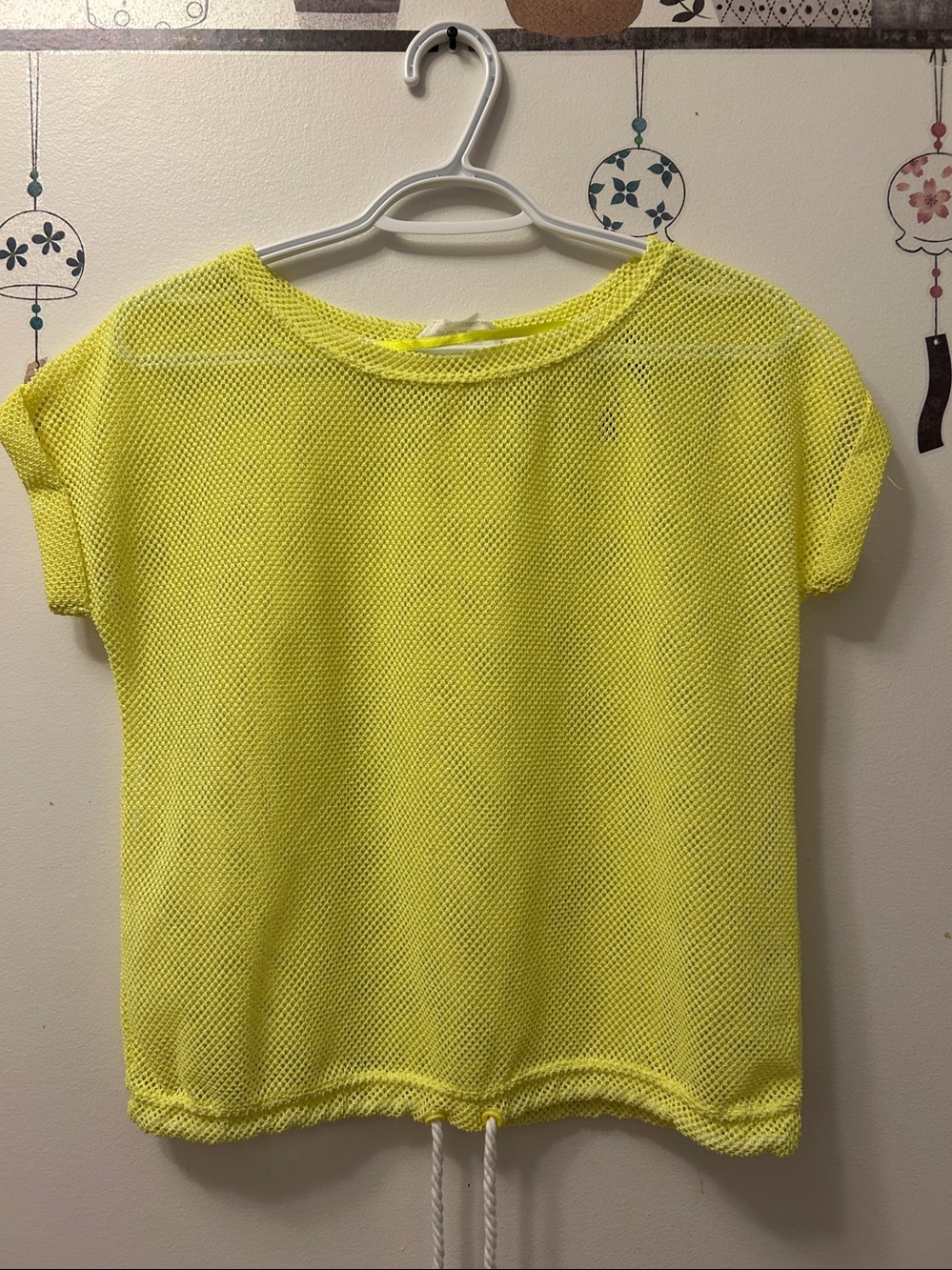 Neon Yellow Mesh Crop Top with Drawstring Hem